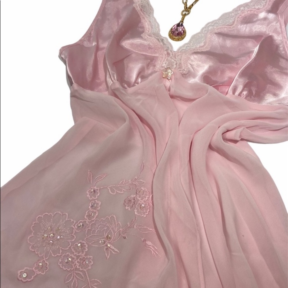 Sexy Silk Babydoll Nighty Romantic Sequins Embroidered Pink 80s 90s Y2K Lingerie - Picture 1 of 16